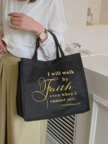 Ensemble de sacs fourre-tout inspirants, imprimés avec la phrase motivante en or "Je marcherai par la foi même quand je ne peux pas voir", comprenant 1 sac fourre-tout, 1 sac cosmétique, 1 sac de rangement pliable et 1 petit étui à maquillage en lin - Noir - Voir 3