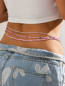 3 Pieces/Set Beach Mixed Color Rice Beads Belly Button Waist Chain Sexy Stretch Beaded Waist Jewelry - Multicolor - View 2