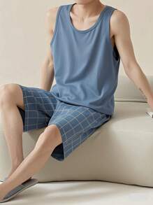 AICJ 2pcs/Set Men's Solid Color Casual Loose Outfit, Crew Neck Tank Top And Lounge Shorts Pajama Set, Spring/Summer, Cool Light Blue