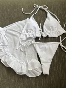 1pc Women Ruched Tie Front Mesh Bikini Swimsuit, Sexy Solid Color - White - View 3