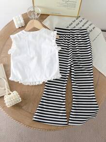 Mädchen Spitzen gesäumtes ärmelloses Top mit Schleife + gestreifte schwarz-weiße ausgestellte Hose Sommeroutfit