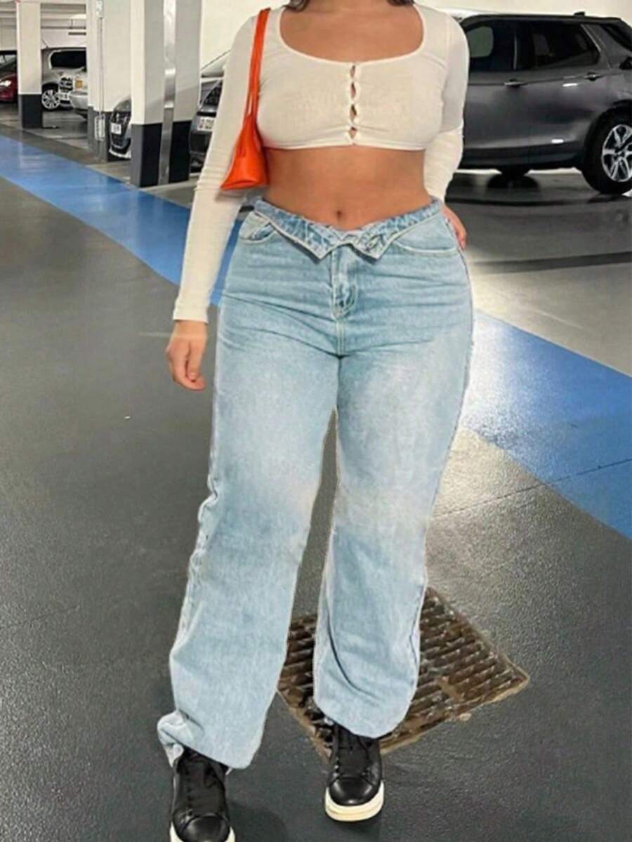 Large Size Women's Denim Jeans - Wide Leg Loose Mid Waist Boyfriend Jeans, Y2K Style Denim Pants - Rửa nhẹ - Xem 1