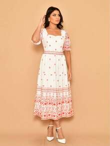 Helena Crepe Printed Midi Dress With Short Sleeves - Red - View 2
