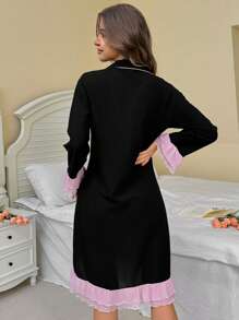 Women Lapel Neck Long Sleeve Single-Breasted Contrast Color Midi Nightgown