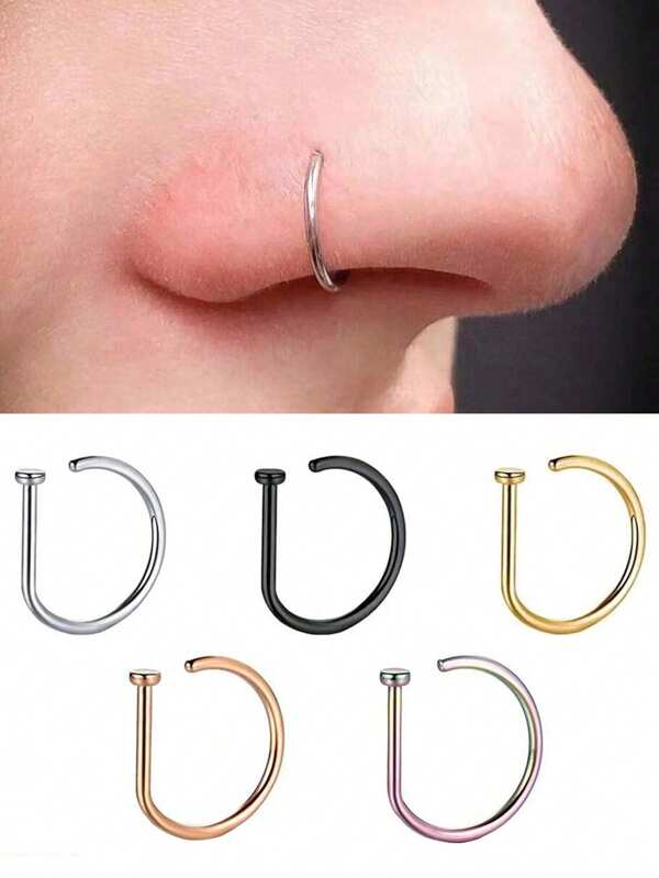1/3/5Pcs 14K Golden Fake Piering Nose Ring Women Men Fashion D-Shape Punk Non Piercing Thin Metal Single-Sided Nose Clip Stainless Steel Perforation Septum Suitable For Teenagers Body Jewelry Gifts