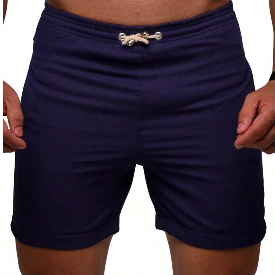 Men's Bermuda Linen With Pocket Preppy Basic Sport Thin Simple Beach Casual-Basic Linen Drawstring Pocket Men's Shorts Summer And Spring - 藏蓝色 - 查看 1