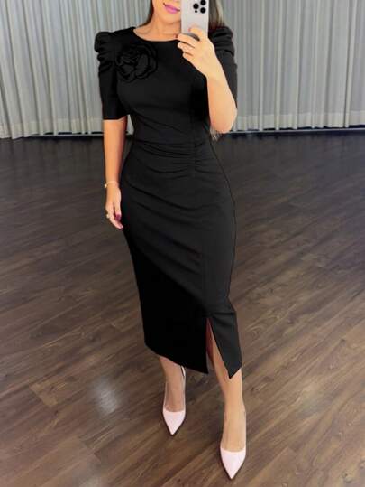 ChicMe 圆领泡泡袖3D花朵装饰优雅商务连衣裙休闲褶皱开衩中长连衣裙办公室装