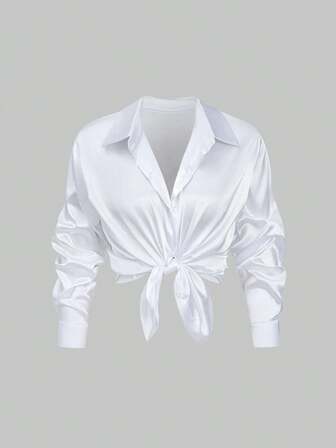 Women's Casual Long Sleeve Blouse, Basic Shirt, Satin Fabric, Comfortable Material, Solid Color Satin Button Tie Front Blouse, Daily Wear All Season
