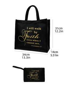 Ensemble de sacs fourre-tout inspirants, imprimés avec la phrase motivante en or "Je marcherai par la foi même quand je ne peux pas voir", comprenant 1 sac fourre-tout, 1 sac cosmétique, 1 sac de rangement pliable et 1 petit étui à maquillage en lin - Noir - Voir 13