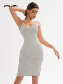 1 pezzo Abito midi da donna con spalline sottili, per primavera/estate, morbido, minimalista, maturo, elegante, con inserti in pizzo, adatto per vacanze