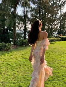 HERTALK Summer Women's A-Line One-Line Shoulder Puffed Sleeve Chiffon Floral Halter Dress,Dresses For Women 2025 Elegant Classy - Hồng - Xem 8