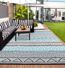 Outdoor Rug Bohemian Style Outdoor Rug Double-Sided Reversible Plastic Straw Rug Easy To Clean For Balcony Beach Deck Patio Picnic RV Camping - Blue Gray Black and White - View 2