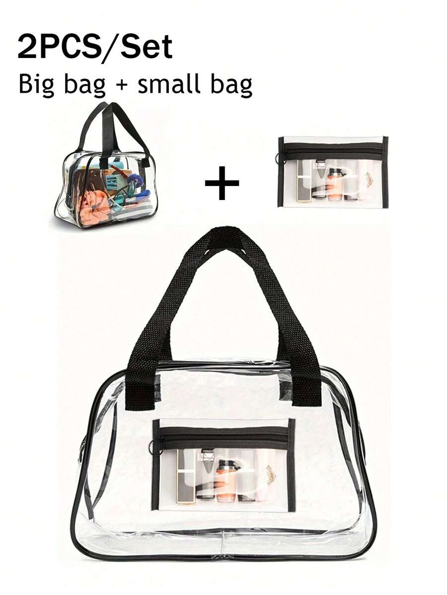 1/2PCS/套时尚透明体育场手提袋 PVC 透明袋，大袋+小袋，防水透视拉链手提袋透明大容量背包透明防水女包防水透明背包轻便耐用