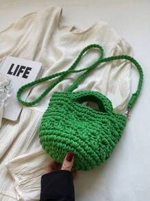 Bolso de playa de ganchillo de verano para mujer, bolso de playa pequeño, ligero, minibolso de hombro, bandolera, estilo preppy, bolso de cubo de hombro de mujer de algodón tejido hueco, bolso bandolera con estilo, para playa, vacaciones, verano, playa, vacaciones, bolsa de viaje