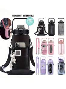 64OZ/2L Half Gallon Water Bottle With Sleeve, Motivational Water Bottle With Straw & Time Marker, Leakproof Large Sports Water Bottle, Reusable Water Jug For Workout Gym Sport For Outdoor Sports Gym Hiking Camping Walking ,For Girls Boys Kids Bag Carrier Gift ,New Year