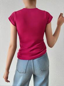 Playera dama mujer cuello redondo profundo manga corta ajustada 100% algodon fresca - Magenta - Ver 2