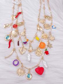 1pc Retro Drip-Oil Red Heart Alloy Sunflower Pendant Necklace, Multi-Layered Wear - Gold Necklace With Heart Pendant - View 8