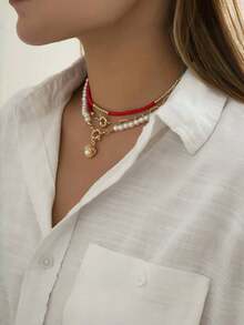 3pcs/Set Unique Vintage Handmade Woven Necklace, Mixed Seashell & Faux Pearl Pendant Necklace Sets For Women - Multicolor - View 1