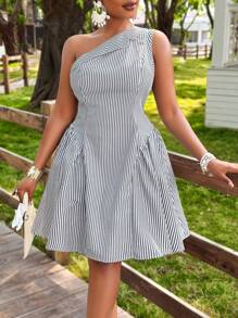 BIUBIU Women's Plus Size Striped Asymmetrical Single Shoulder Sleeveless Striped Printed Short Mini Dress, Suitable For Passionate Vacations, Daily Leisure Commuting, Fashionable Street Style