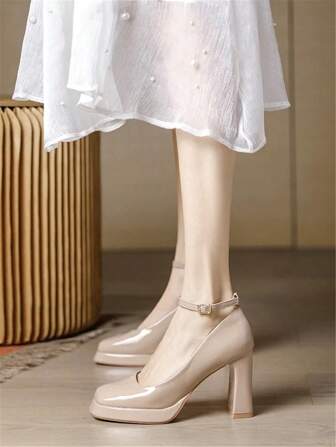 Elegant Square Toe Platform Lacquered Leather Chunky Heel Pumps