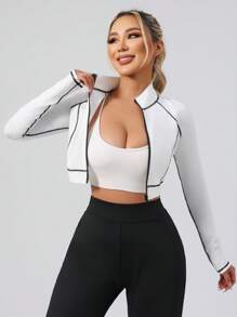Women Colorblock Splice Sporty Jacket, Short Fitted Elastic Zip-Up Track Jacket For Running, Fitness, Yoga