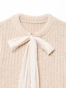 Short Sleeve Bow Knit Sweater, Solid Color Pullover, Suitable For Spring & Autumn - Beige - View 4