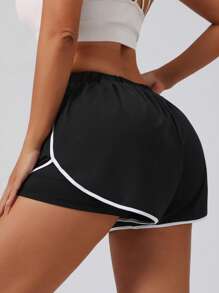 Shorts de yoga de cintura alta elástica para mujer, shorts de correr y fitness de color contrastante de dos en uno con bolsillos
