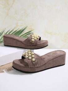Women's Fashion Pearl Decor Wedge Slippers, Suitable For Wedding, Party, Vacation, Casual Wear, Thick Sole Sandals