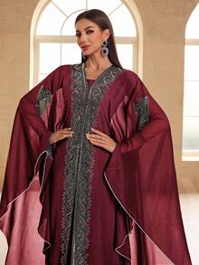 YISIKADO Women Modest Festival Dress Arabic Style Rhinestone Chiffon V-Neck 2 Pieces Set Prom Party Long Dress Turkish Style Hooded Long Sleeve Dress Kaftan Arabian Dress, Formal, Gown, For Evening, Wedding Guest - Burgundy - View 7