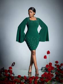 Elegant Solid Color Party Dress, Adorned With Pearl Accents And Cape Sleeves - Perfect For Weddings, Red Carpet Events, Luxury Galas, Festivals, And Cocktail Parties - Dark Green - View 1