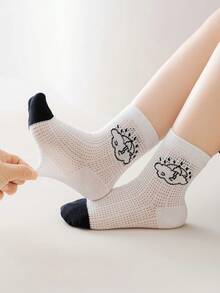 5 Pairs Kids' Thin Summer Socks, Minimalist Black/White Letter & Face Pattern, Soft & Comfortable Mid-Calf Socks - Black and White - View 5