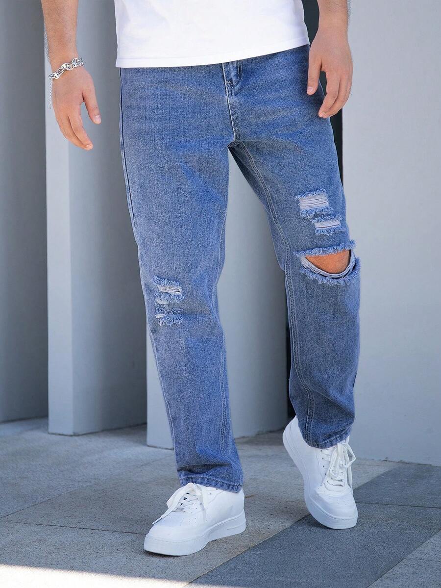 Men's Simple Solid Color Pocket Distressed Straight Leg Jeans - Medium Wash - View 1