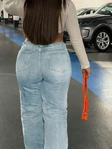 Large Size Women's Denim Jeans - Wide Leg Loose Mid Waist Boyfriend Jeans, Y2K Style Denim Pants - Rửa nhẹ - Xem 4