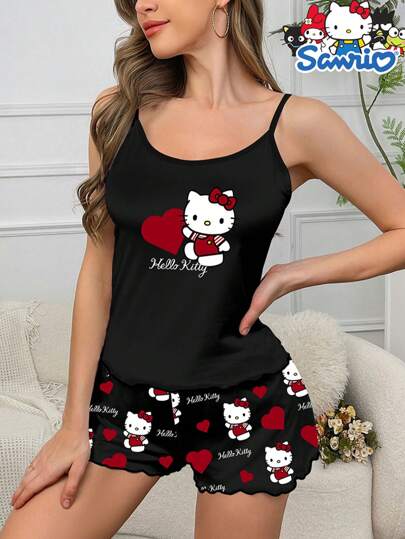 Sanrio Set pigiama da donna Sanrio, con parte superiore senza maniche e pantaloncini con stampa, abbigliamento casual, giovane ed elegante per la primavera/estate