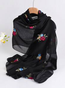 1pc Elegant Floral Embroidered Linen Scarf, Fashionable Versatile Hijab/Shawl For Women, Lightweight And Windproof For Outdoor, Daily Wear