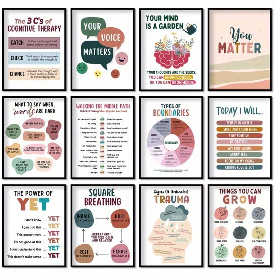 12 张高品质心理健康海报焦虑疗法励志海报适用于咨询办公室、学校和家居装饰、帆布墙艺术、房间海报、励志家居装饰、房间装饰美学、房间装饰用品。