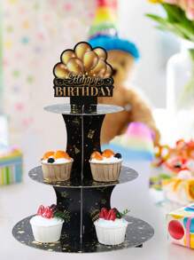 1Set 3 Tiers Black Golden Birthday Cupcake Cake Stand,Happy Birthday Theme Birthday Party Decoration Cake Stand Holder Cardboard Tray,Cupcake Tower Dessert Display Holder, Birthday BabyShower Party Supplies,Birthday Celebration Table Centrepiece DIY Cake Decorating Supplies,Birthday Party Favors
