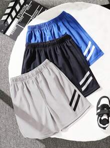 3pcs Boys' Summer Casual Striped Print Shorts Set, Quick-Dry Breathable Athletic Baseball Style Shorts, Suitable For Sports, Play, Casual School Outfits
