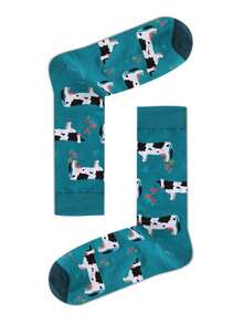 1 Pair Personalized Blue Cartoon Cow Pattern Socks, Suitable For All Seasons - Multicolor - View 1