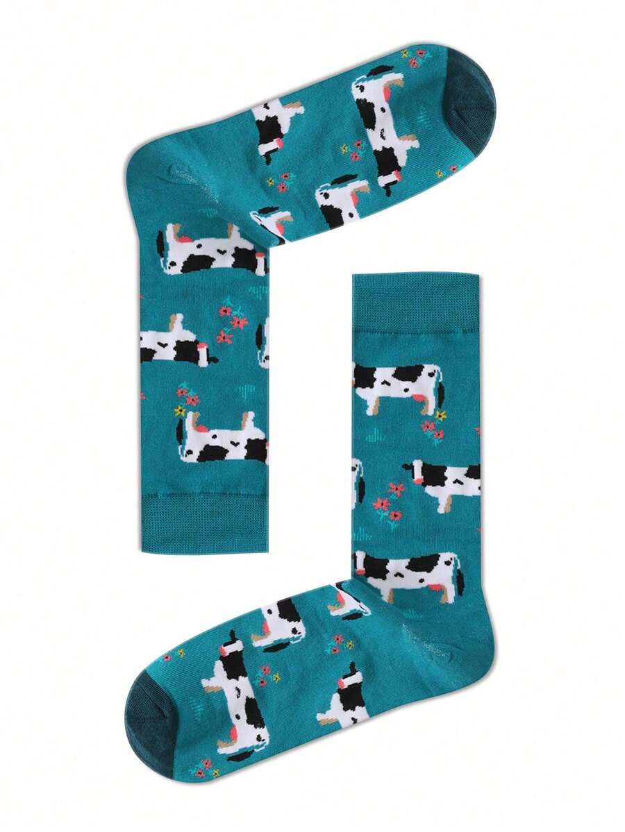 1 Pair Personalized Blue Cartoon Cow Pattern Socks, Suitable For All Seasons - Multicolor - View 1