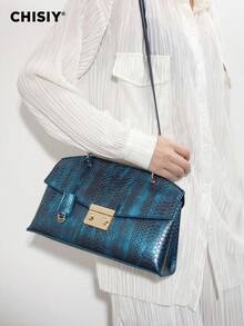 CHISIY 原创手工设计师包，蓝色蛇皮 PU 皮革手提单肩包，多功能商务休闲二合一包，时尚百搭斜挎包，大容量多功能女士手提包，坚固别致的购物、办公、通勤手提包