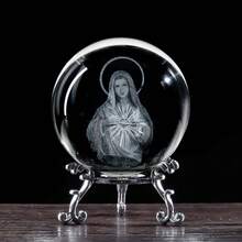 1 件 3D 耶稣十字架水晶球装饰球，60 毫米激光雕刻天使雕像玻璃球镇纸带支架，水晶圣母玛利亚礼物，适合女性男性儿童 - 60 Ball - 查看 1