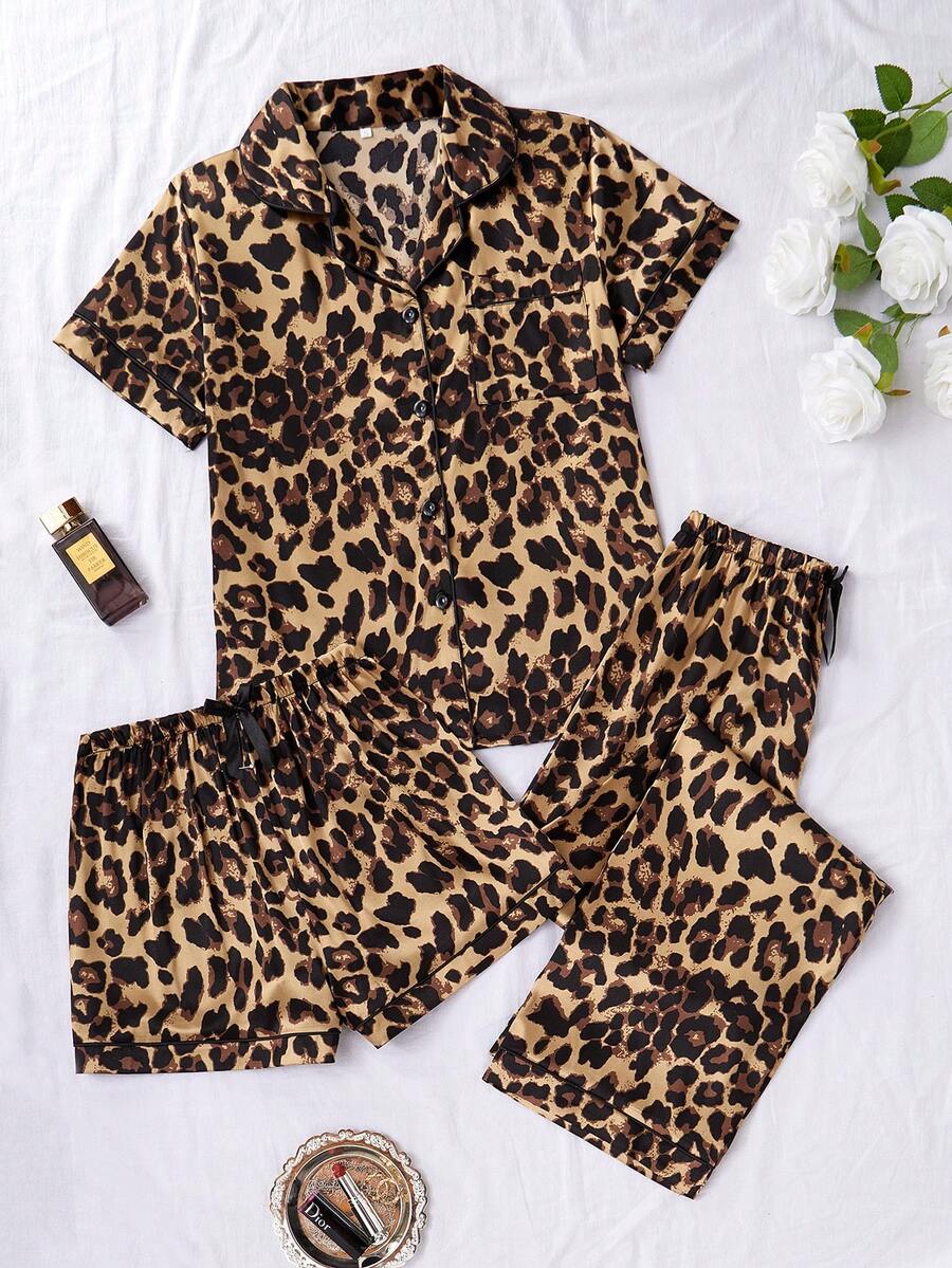 3pcs/Set Women Leopard Print Pocketed Short Sleeve Top & Shorts & Pants Pajamas Set, Suitable For Spring, Summer