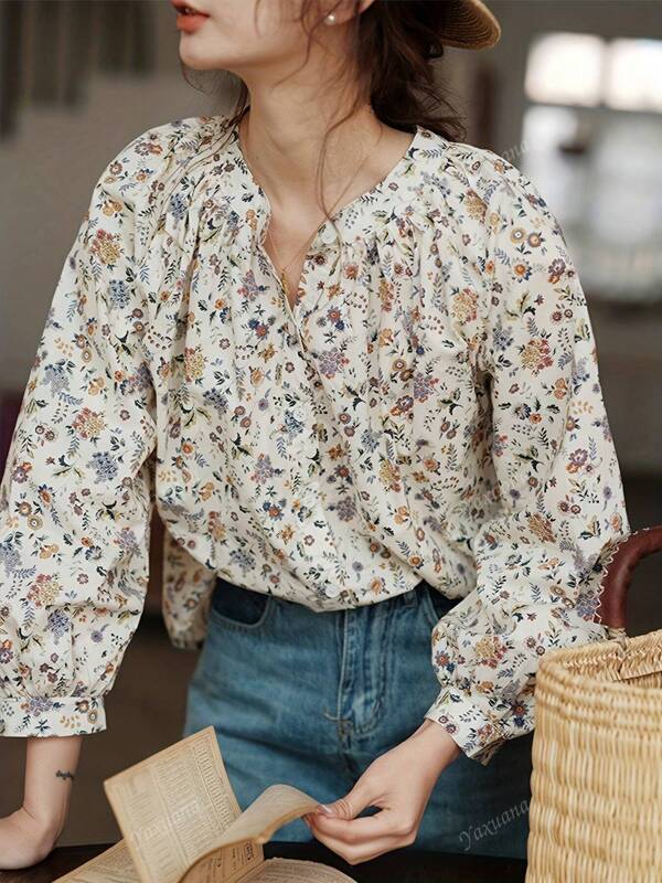 Ditsy Floral Printed Loose Layered Blouse, Elegant Casual Top For Women