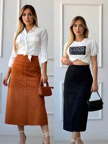 WOMEN'S SUEDE SKIRT WITH ZIPPER AND POCKET. STYLE AND ELEGANCE. - Black - View 4