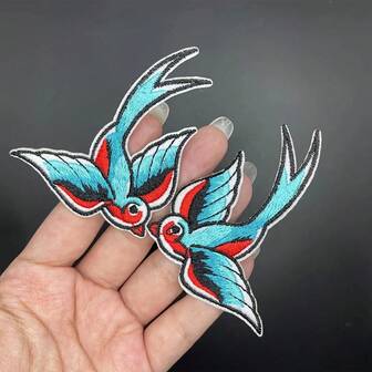 1 Pair Red And Blue Embroidered Bird Cloth Patch, 5.5 * 6 Cm, Fabric Applique For DIY Decoration, Cap, Cheongsam Repair