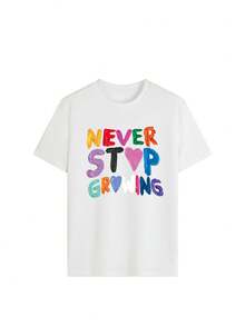 Plus Size Women Casual Holiday Round Neck Short Sleeve T-Shirt With Colorful Graphic Slogan Print - White - View 3