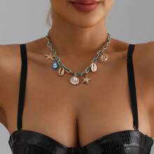 1 pièce Collier léger de style bohème avec éléments d'étoile de mer et de coquille, chaîne de clavicule de luxe