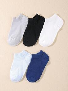 5 Pairs Solid Color Children's Boat Socks, Combination Of Black, White, Grey, Light Blue, Dark Blue, For Boys' Daily Outfit - Multicolor - View 6