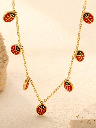 1 pieza Collar y pulsera de acero inoxidable de color dorado con diseño de escarabajo lindo, joyería de estilo bohemio creativa y de moda para mujer